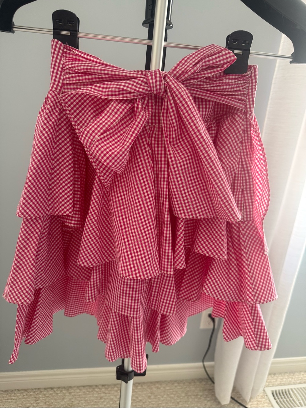 Asymmetrical Pink Gingham Ruffle Skirt with Bow Waist